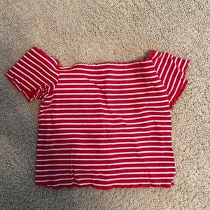 red and white striped cropped off the shoulder shirt